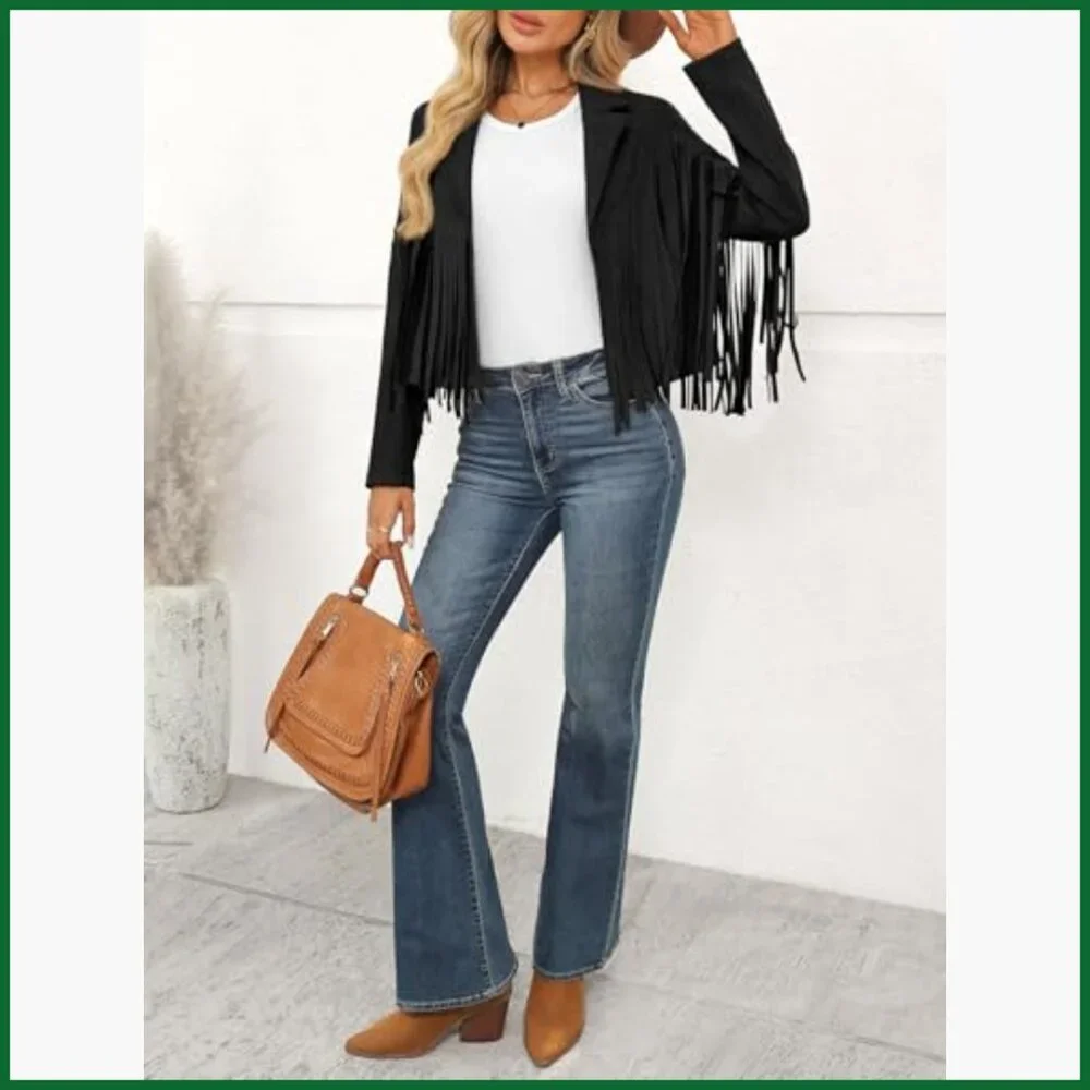 Faux Suede Leather Cropped Fringe Jacket Western Biker Style - Picture 6 of 6